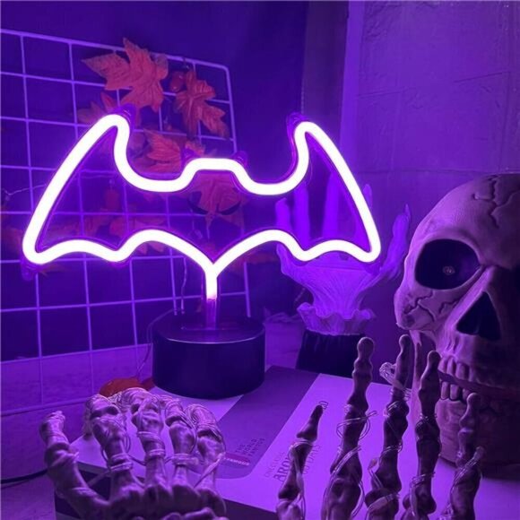 Purple Bat Neon Sign Base Halloween Decoration LED Bat Neon Light Signs Indoor - Picture 6 of 7